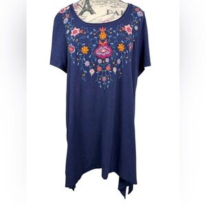Terre Bleue bohemian-inspired Floral Embroidered blue Tunic Top Size L
